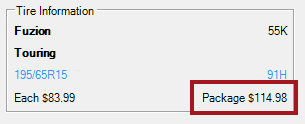 Package value in the Tire Information section.