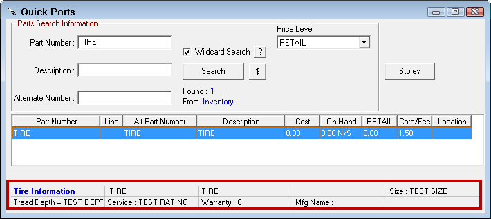 Tire Information for a part displayed at the bottom of the Quick Parts window.