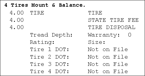 The tire area of printed documents showing tire information and DOT entries with no information entered.