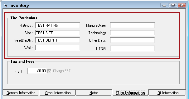 The Tire Information tab with active fields for a tire in the tire group.