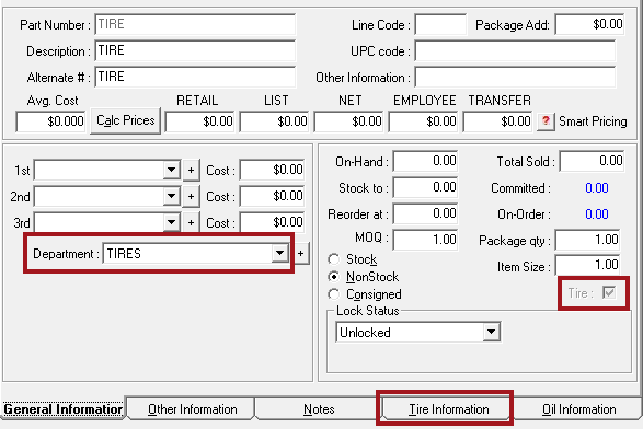 A tire part in the tire group open on the Inventory window.