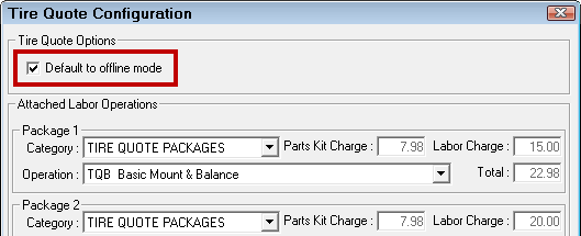 The Tire Quote Configuration window with default to offline mode checked.