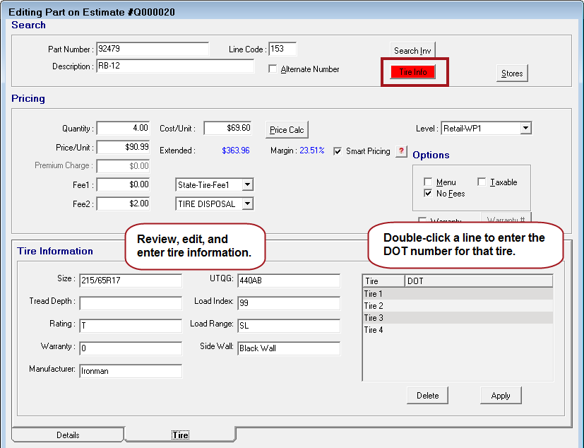The Editing Parts window showing the Tire tab with the information fields and the DOT area.