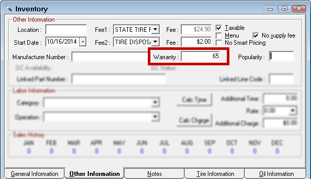 The Warranty field circled on the Other Information tab of a part record.