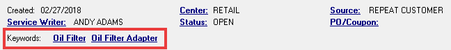 Keyword links in the information section of the Parts/Labor tab.