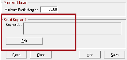 The Parts Department window with the Keywords area circled.