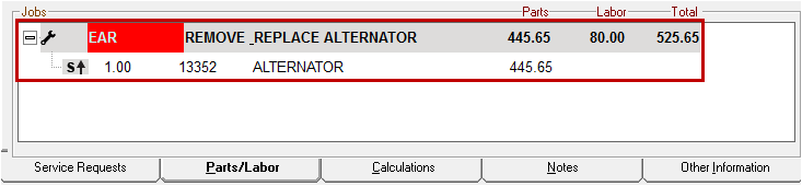 A scanned part appearing underneath a labor operation in the jobs section of the Parts/Labor tab.