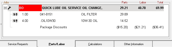 Parts and labor in the Jobs section of the Parts/Labor tab showing the breakdown of package pricing.