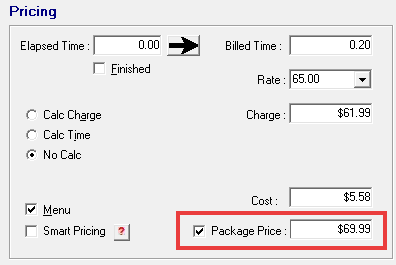 The Editing Labor window with Package Price selected.