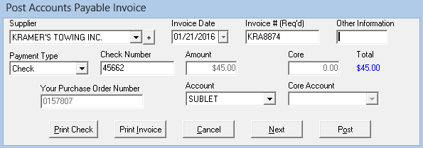 The post accounts payable invoice window.