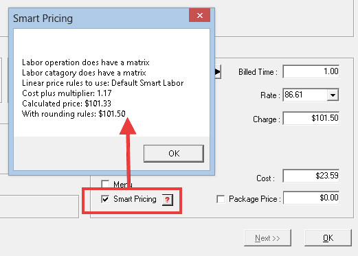 The selected Smart Pricing button pointing to the Smart Pricing calculation window that opens.