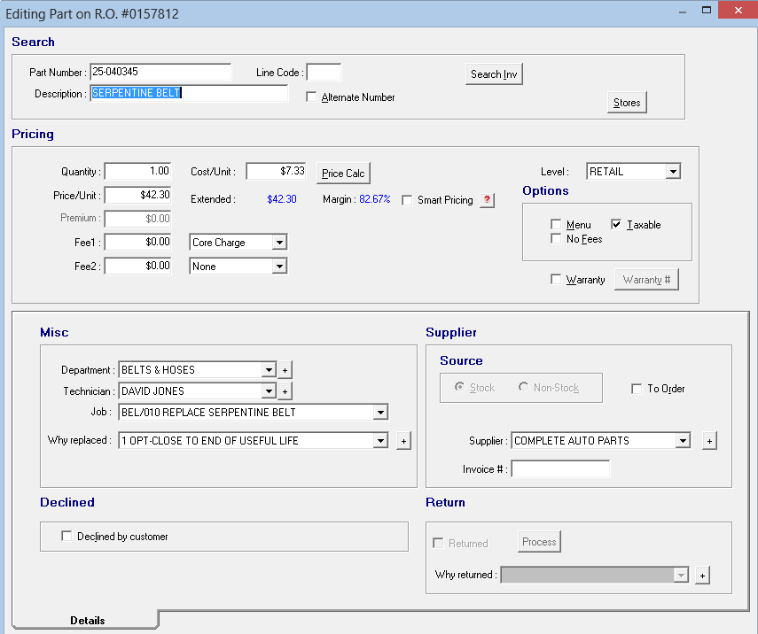 The Editing Part window of a part on an open ticket.