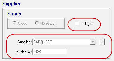 The Supplier section with the To Order box not checked and the Supplier and Invoice number entered.