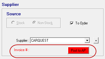 The Supplier section with a supplier selected and the Post to AP button red.