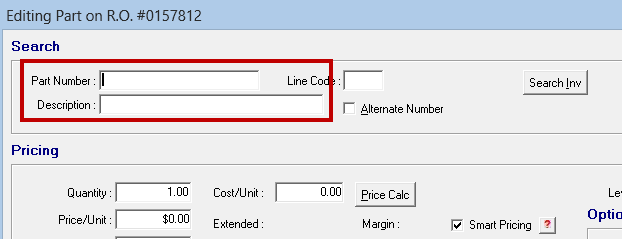 The Part Number and Description fields circled in the top half of the Editing Part window.