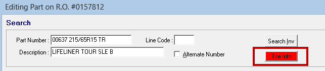 The top half of window with the Tire Info button appearing red and circled.