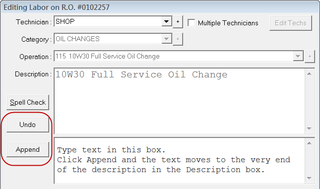 The Undo and Append buttons circled on the editing labor window of a locked labor.