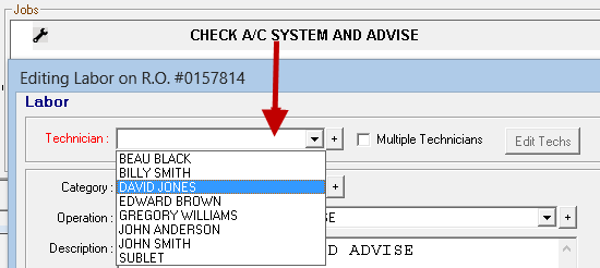 The Technician dropdown list expanded on the Editing Labor window.