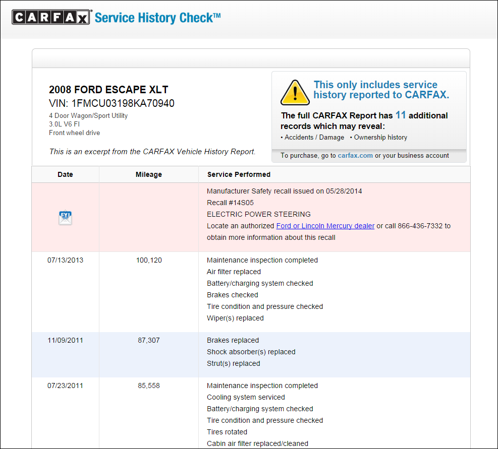 The CARFAX Service History Report for one VIN number.