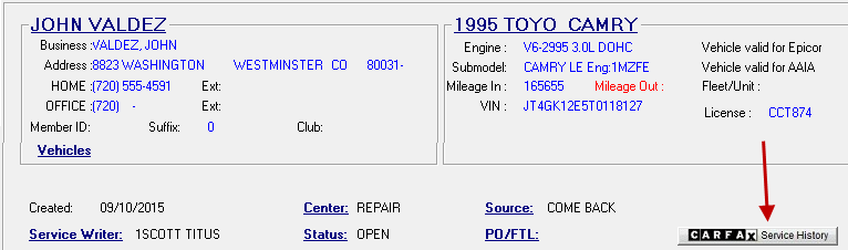 the CARFAX Service History button on the Part/Labor tab.