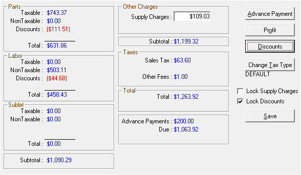 The Calculations tab showing the discounted amounts in red.