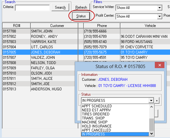The WIP screen with the Status window opened from the Status button.