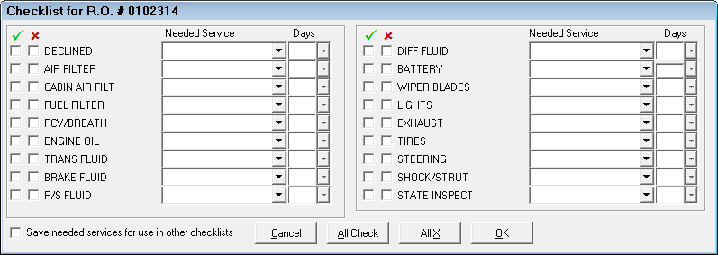 The Checklist window with no items checked.