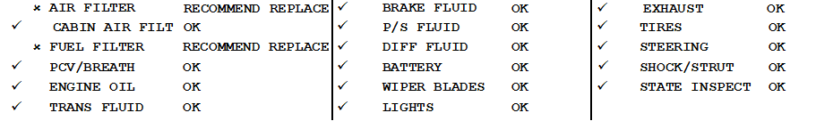 The service checklist items on a printed repair order or invoice.