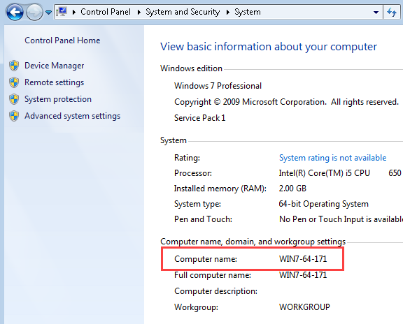 The Systems window in the Microsoft Control Panel with the computer name circled.