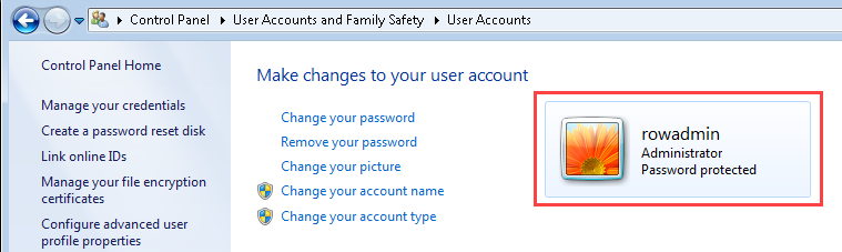 The User Accounts window in the Microsoft Control Panel with the user name circled.
