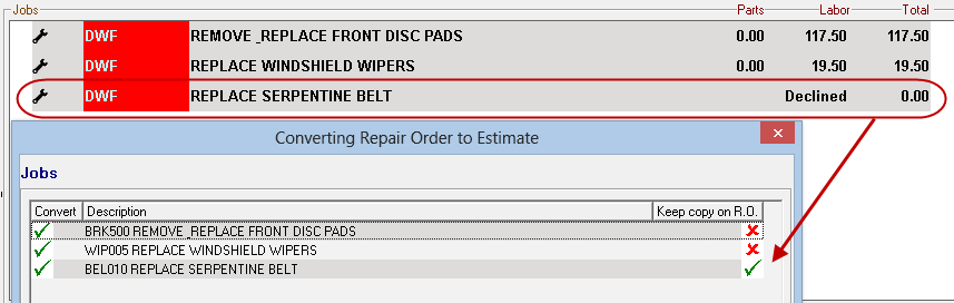 A declined item with Keep Copy checked automatically on the covert window.