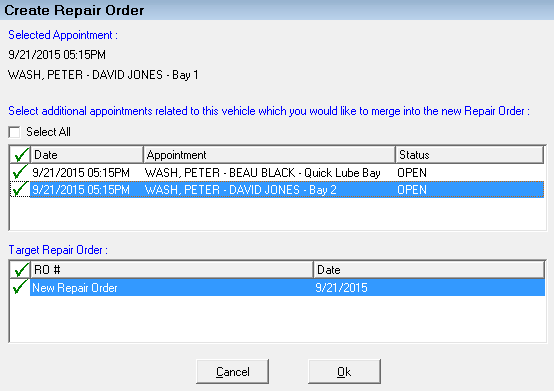 The Create Repair Order window showing multiple appointments.