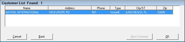 The Customer List window showing one customer in the list.