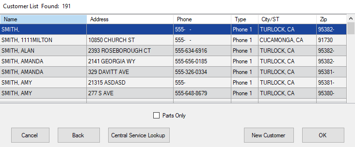 The Customer List window showing a list of customers.