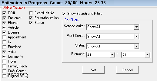 The settings for the Estimates in Progress Window.