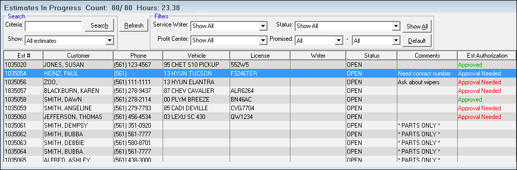 The Estimates in Progress window showing a list of estimates.