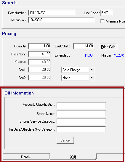 The Oil Information on the Oil tab.