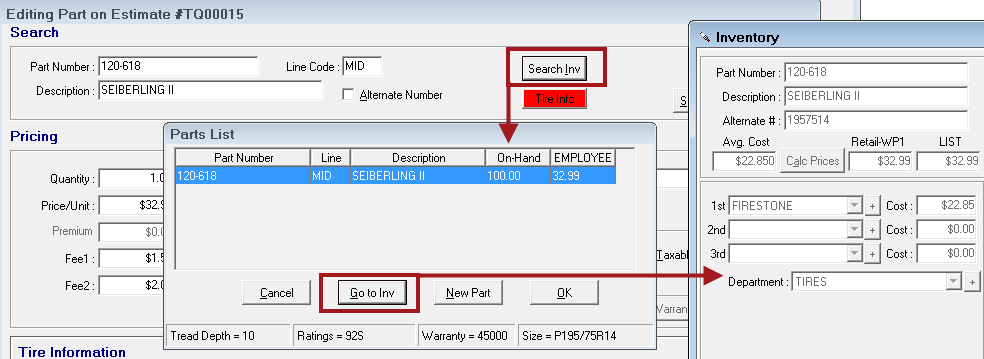 The inventory record opened from the parts list opened from the part.