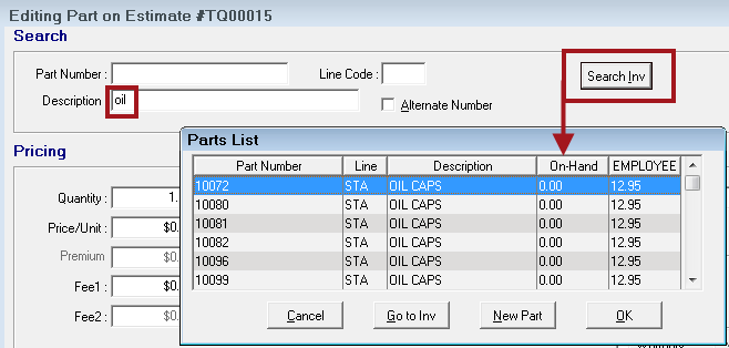 The search results on the parts list for a description entered.