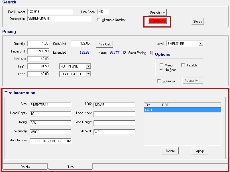 The Tire Information section that appears when the red Tire Info button is clicked.