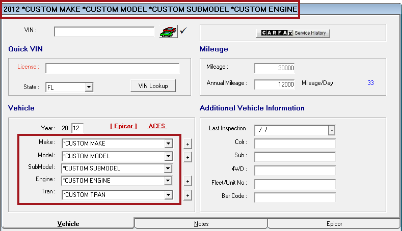 The Vehicle tab for a custom vehicle.