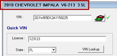 The left side of the Vehicle tab with the vehicle information in the title bar circled.