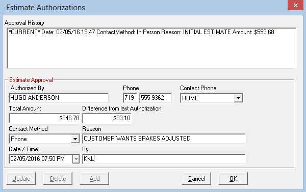 The Estimate Authorization window.