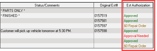 The Est Authorization column on the in progress windows.
