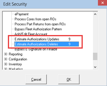 The estimate authorization security levels in configuration.