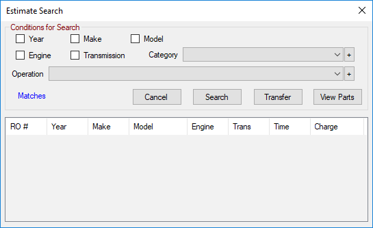 The Estimate Search window blank.