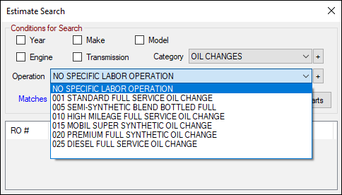 A category selected and the operations dropdown list expanded.