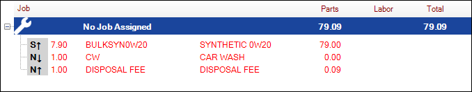 The transferred parts in the Jobs section of the open ticket.