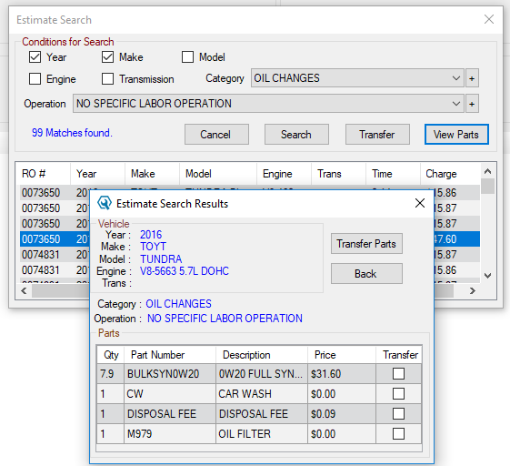 The View Parts pop up window displaying the list of parts in the selected labor.