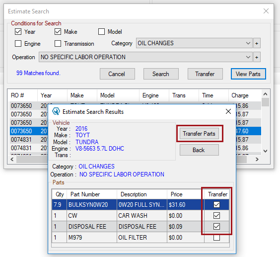Parts with checks in the boxes of the Transfer column.